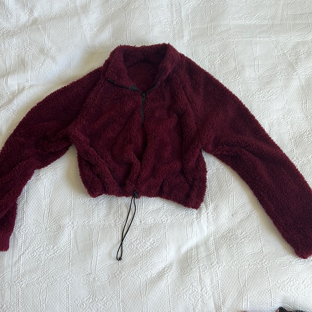 Cropped fuzzy quarter zip with draw string bottom
